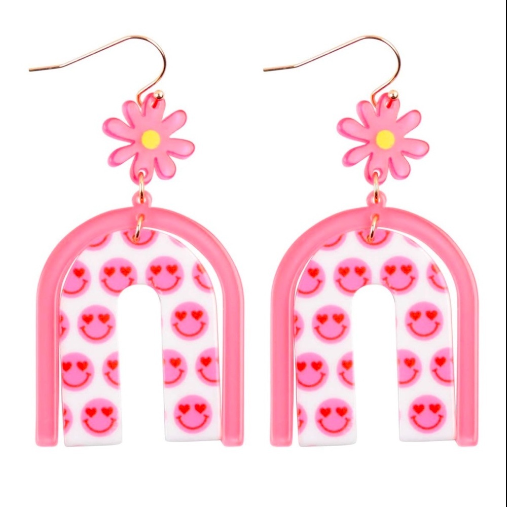 Pink Smiley Face Flower Earrings